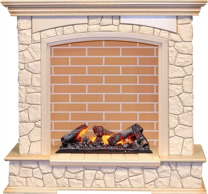Электрокамин Dimplex Preston - Слоновая кость с патиной / Кирпич с очагом Cassette 600 NH